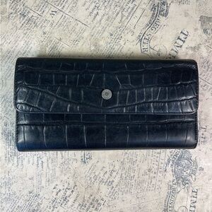 Monsac Black Croc Embossed Leather Trifold Wallet Organizer Zip Pocket